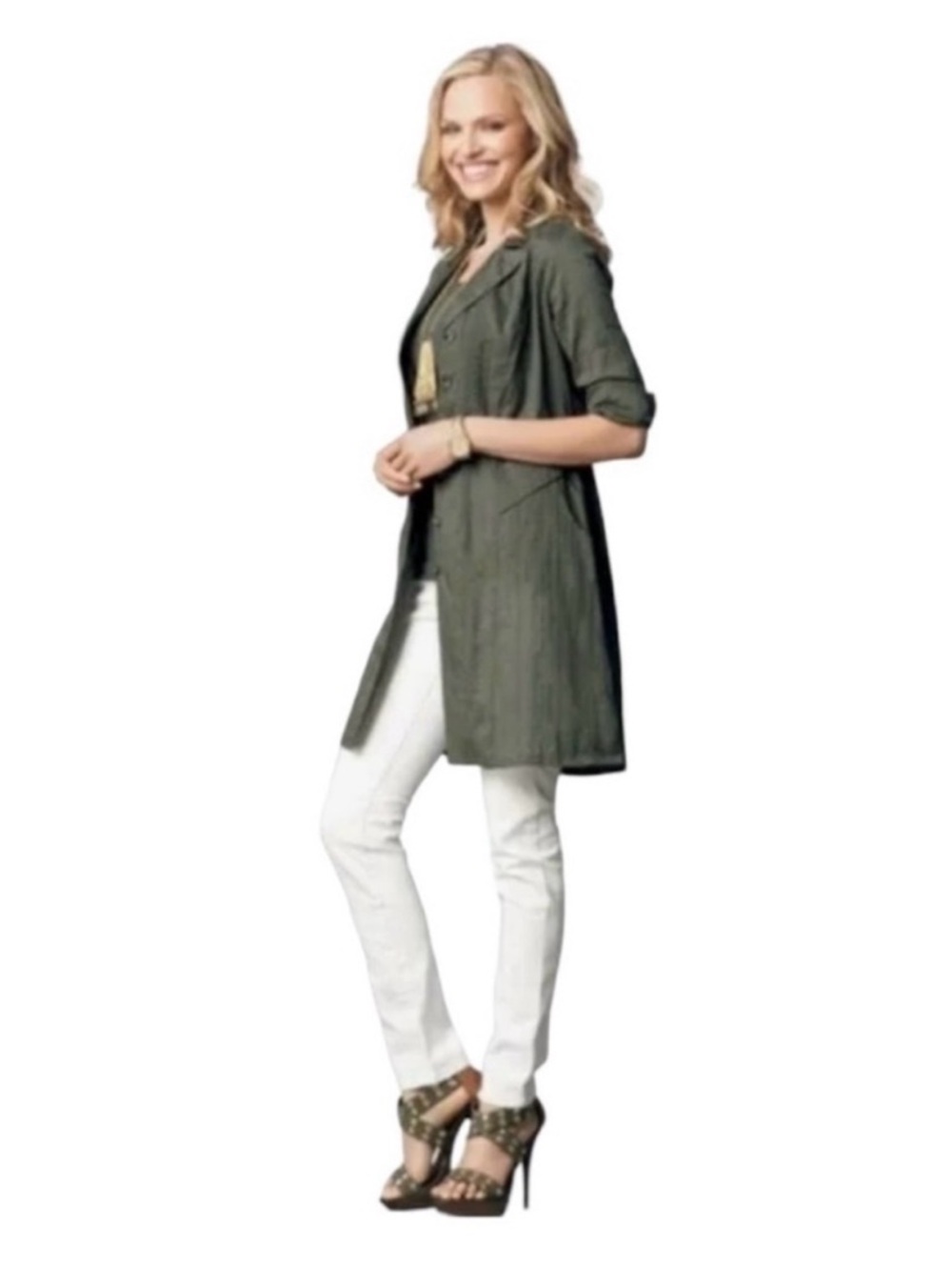 CAbi Got You Covered Jacket #341 Olive Green Tunic Shirt Dress Size Medium
